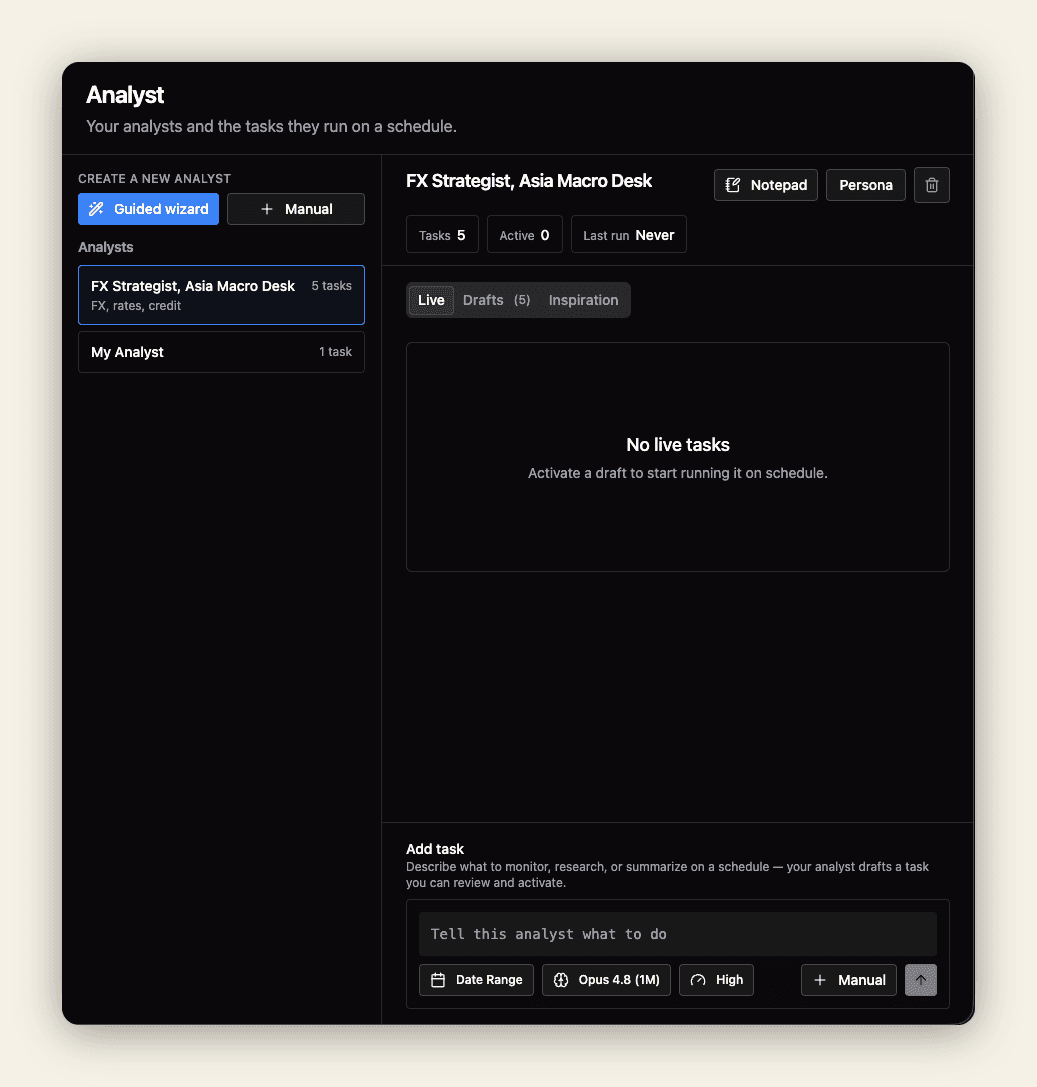 Analyst dashboard showing tasks, live status, and the Add task panel