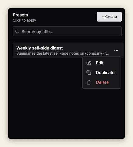 Presets panel listing saved prompts